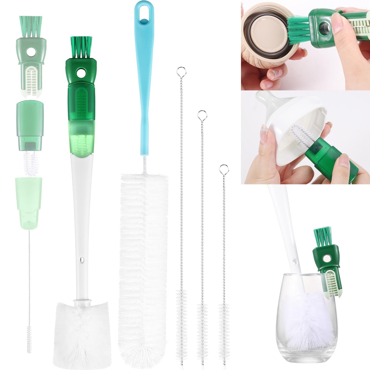 OUTXE 5 Pack Bottle Brush Set, 5-in-1 Water Bottle Cleaner Brush, 15"" Long Handle Bottle Cleaning Brush, 3 Straw Brush, Removable Nipple Brush, Detail Brush for Cup Lid Gap, WBBSBLB5