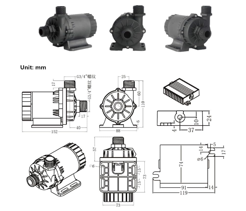 SHYSKY Heavy Duty Low Noise 24V 120W Micro Brushless DC Water Pump DC60G-24120A-1, 12m 39ft 1003GPH, Speed/Flow Adjustable, DRY RUN Protection, For Cooling Circulation Pressure Sys