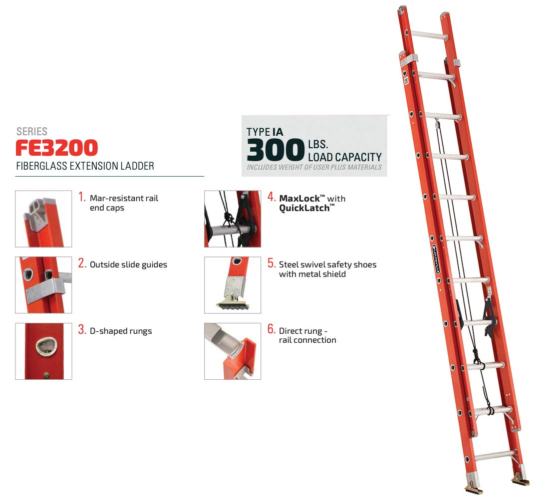 Louisville Ladder 24-Foot Fiberglass Extension Ladder, 300-Pound Capacity, L-3022-24PT, Red & FE3216 Fiberglass Extension Ladder 300-Pound Capacity, 16-Foot, Type IA, Orange