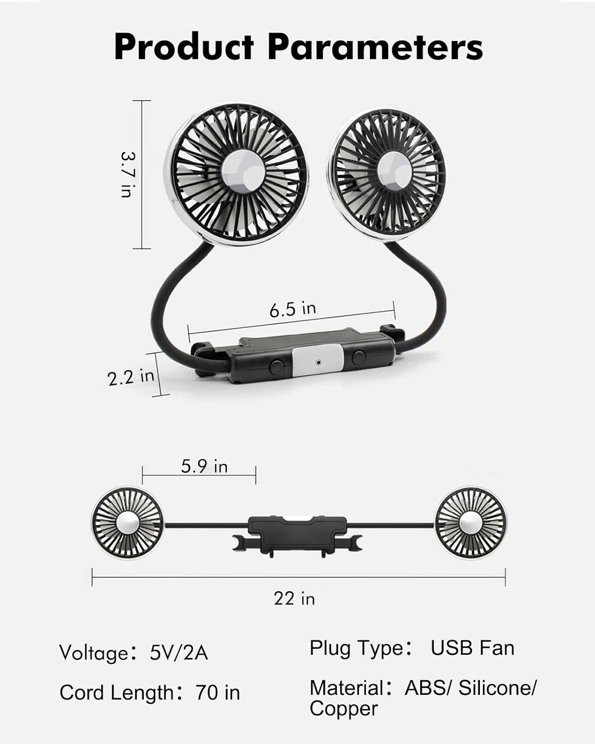 3 360 Hose Car Fan for Backseat Kids with Led Lights - USB Car Seat Fans for Baby - Independent Control Speeds Degree