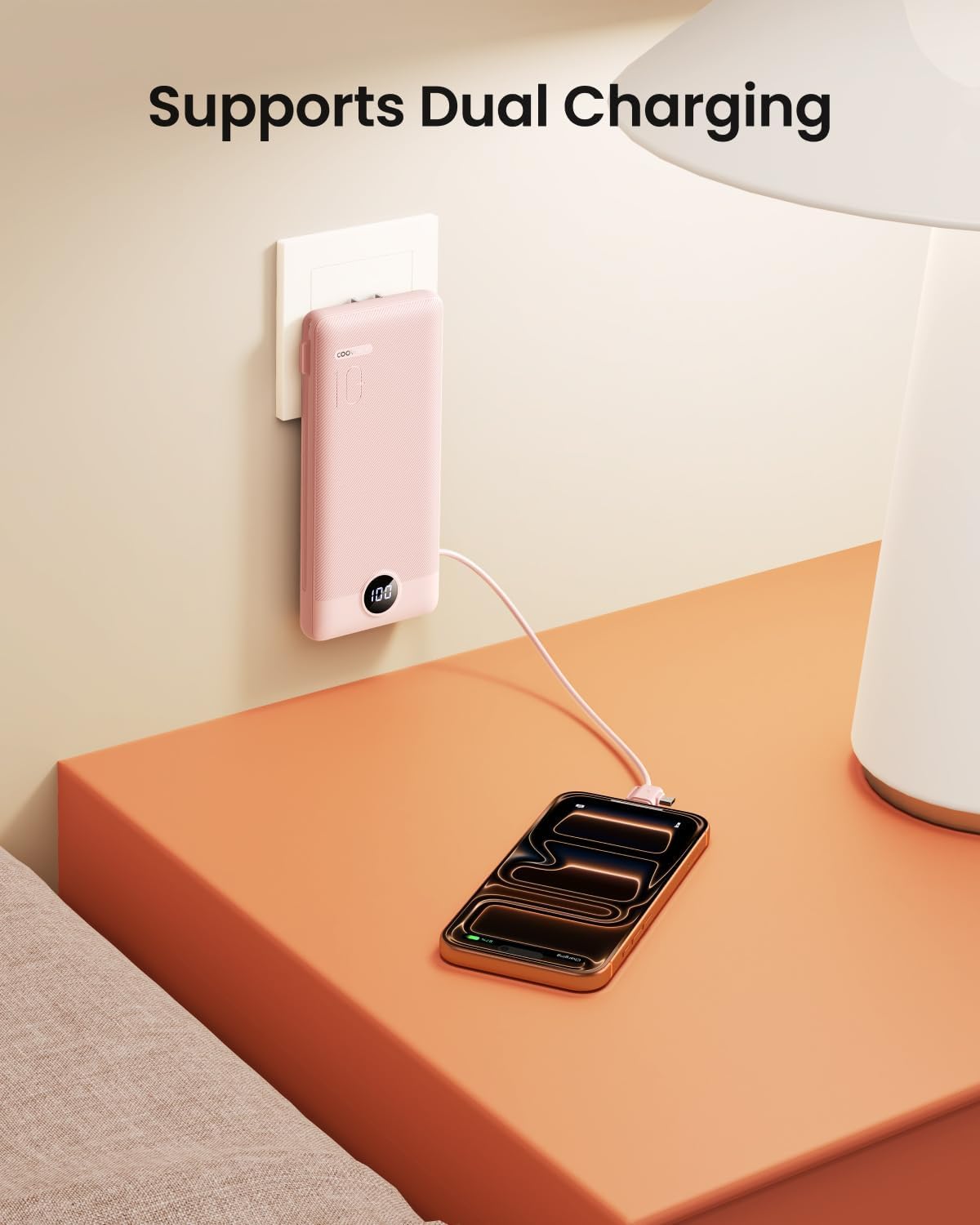 Coowisty 10000mAh Pack Portable Charger Built-in Cables and Wall Plug, Slim USB C Power Bank, LED Display External