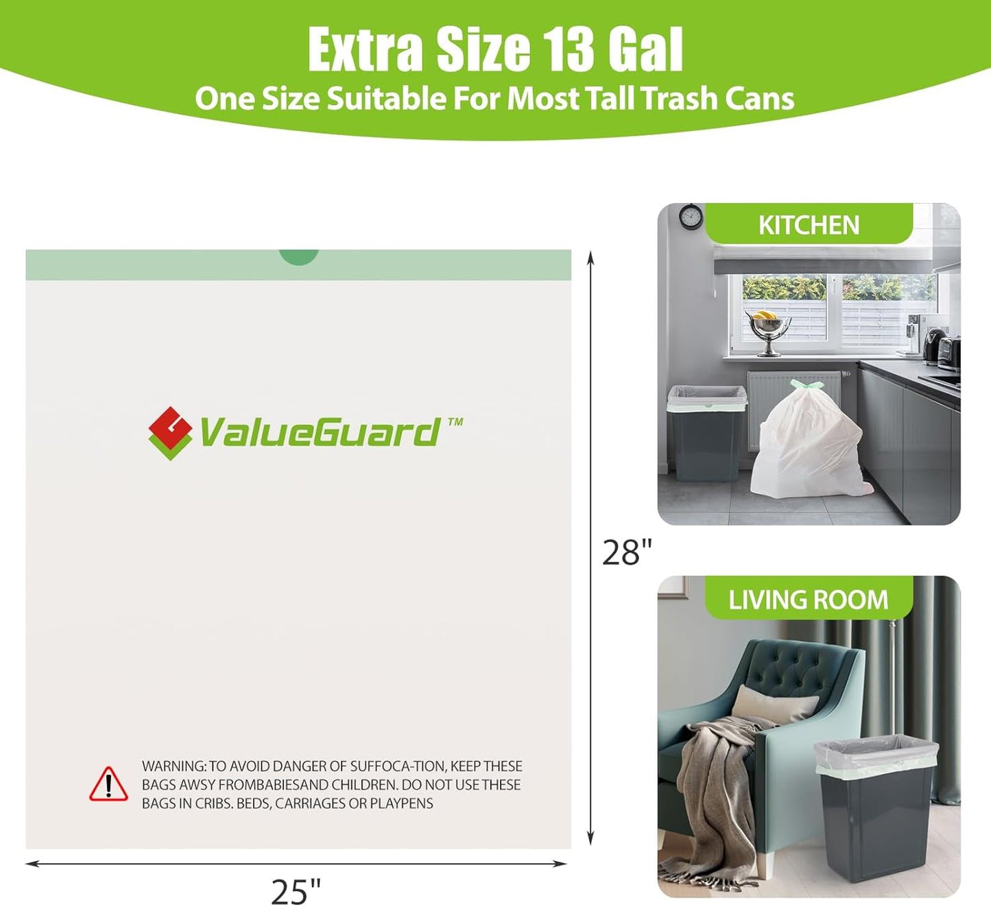 ValueGuard 13 Gallon Tall Drawstring Trash Bags - 100% Recycled Waste Bags for Kitchen & Office (300 Count)
