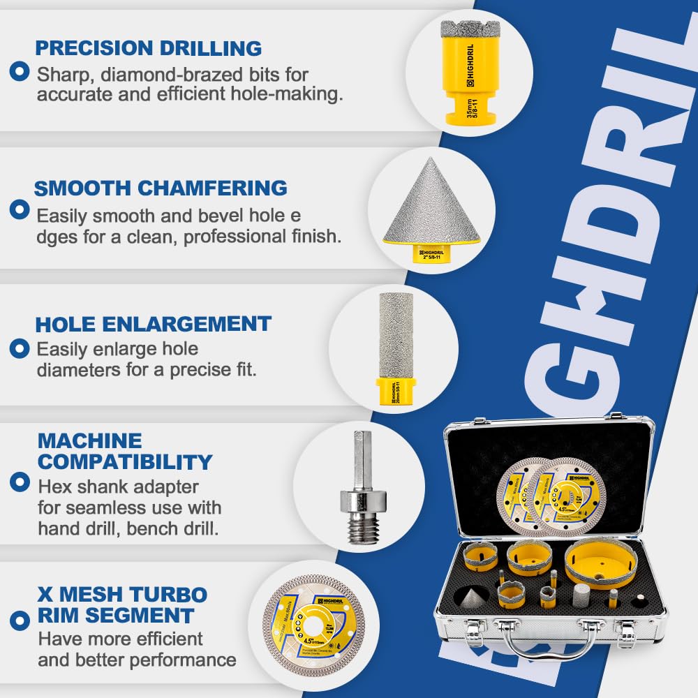 HIGHDRIL 13Pcs Diamond Hole Saw Kit and HIGHDRIL Diamond Beveling Chamfer Bit