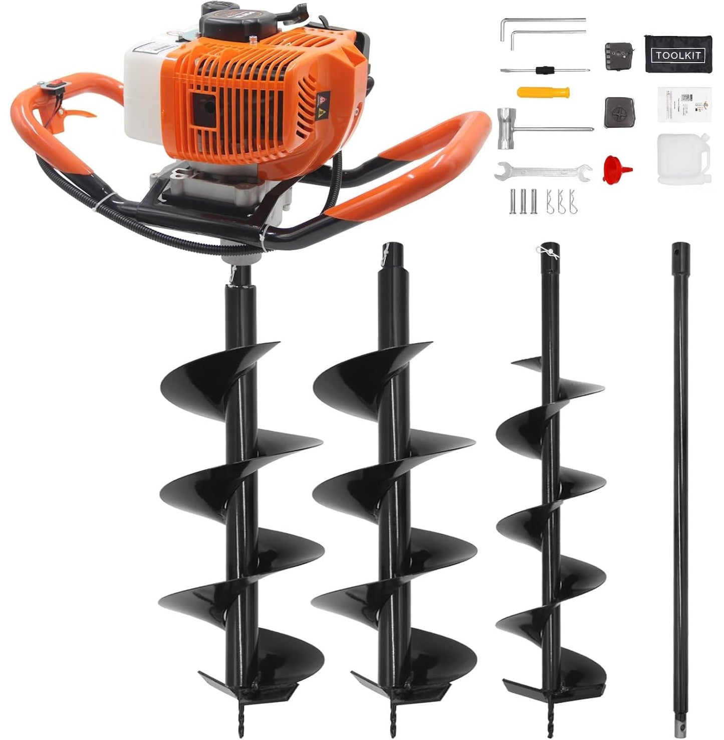 72CC Auger Post Hole Digger, 2 Stroke Gas Powered Earth Post Hole Digger with 3 Auger Drill Bits(4" & 6" & 12") + 2 Extension Rods for Farm Garden Plant, Orange (72cc+3 Auger(4"6"12")+2 Ext)