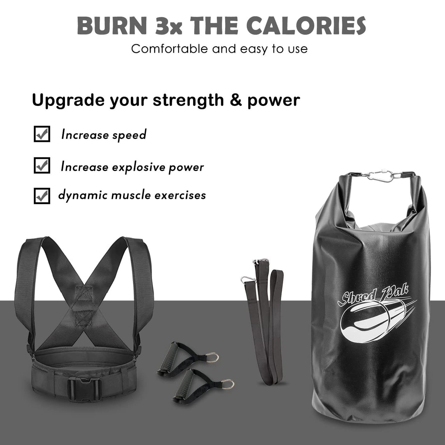 Upgraded ShredPak - Resistance Training System - Weight Sled Harness Weight Bladder & Handles - Most efficient Workout for Athletes - Burn 3X The Calories - 4-Piece Kit for Gym, Home and, Outdoor