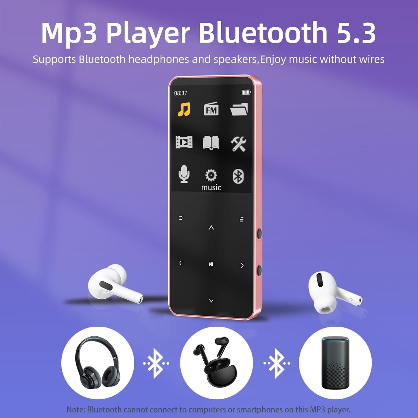 Tengsen Mp3 5.3, Mp3 128GB, Gold,64GB) Player with Bluetooth Portable Digital Music Player with Speaker, FM Radio