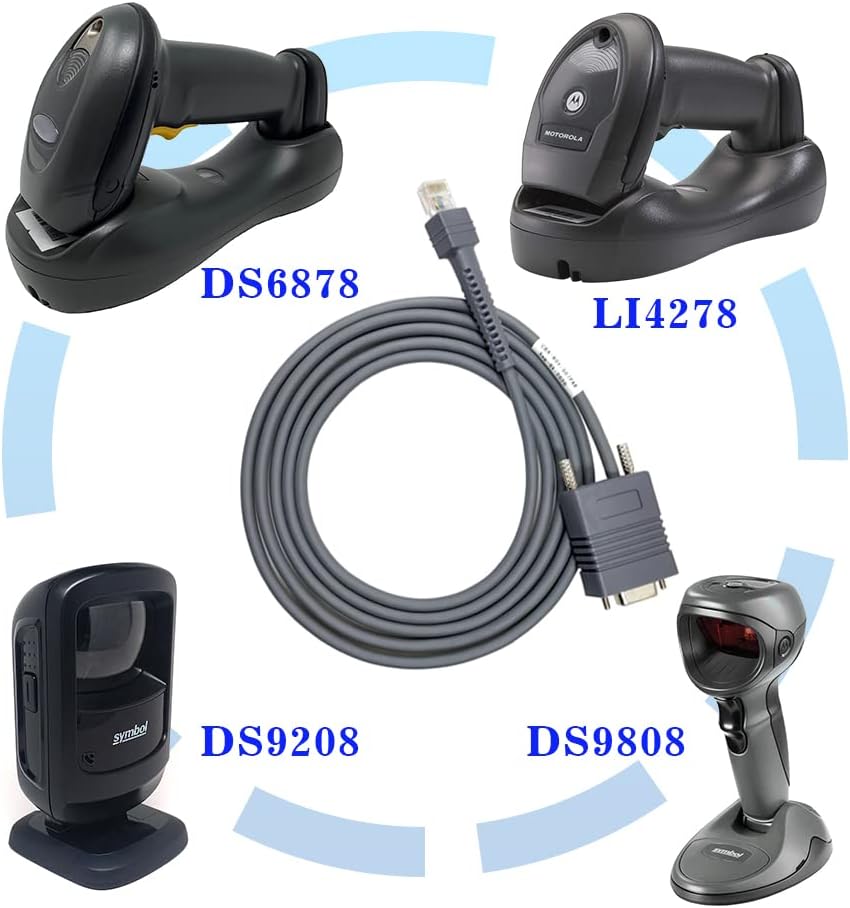 RJ45 RS232 DS3578 DS9808 DS9808 DS6608 DS4208 (3M 9FT RS232 Barcode Scanner Cable to Straight Cable for Symbol Zebra /