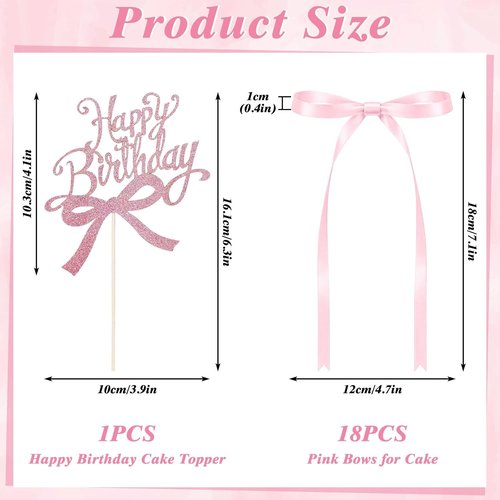 Coquette Bow Cake Toppers - 18 PCS Pink Ribbon Bows with 1 Happy Birthday Topper | Perfect for Weddings, Showers & Birthdays