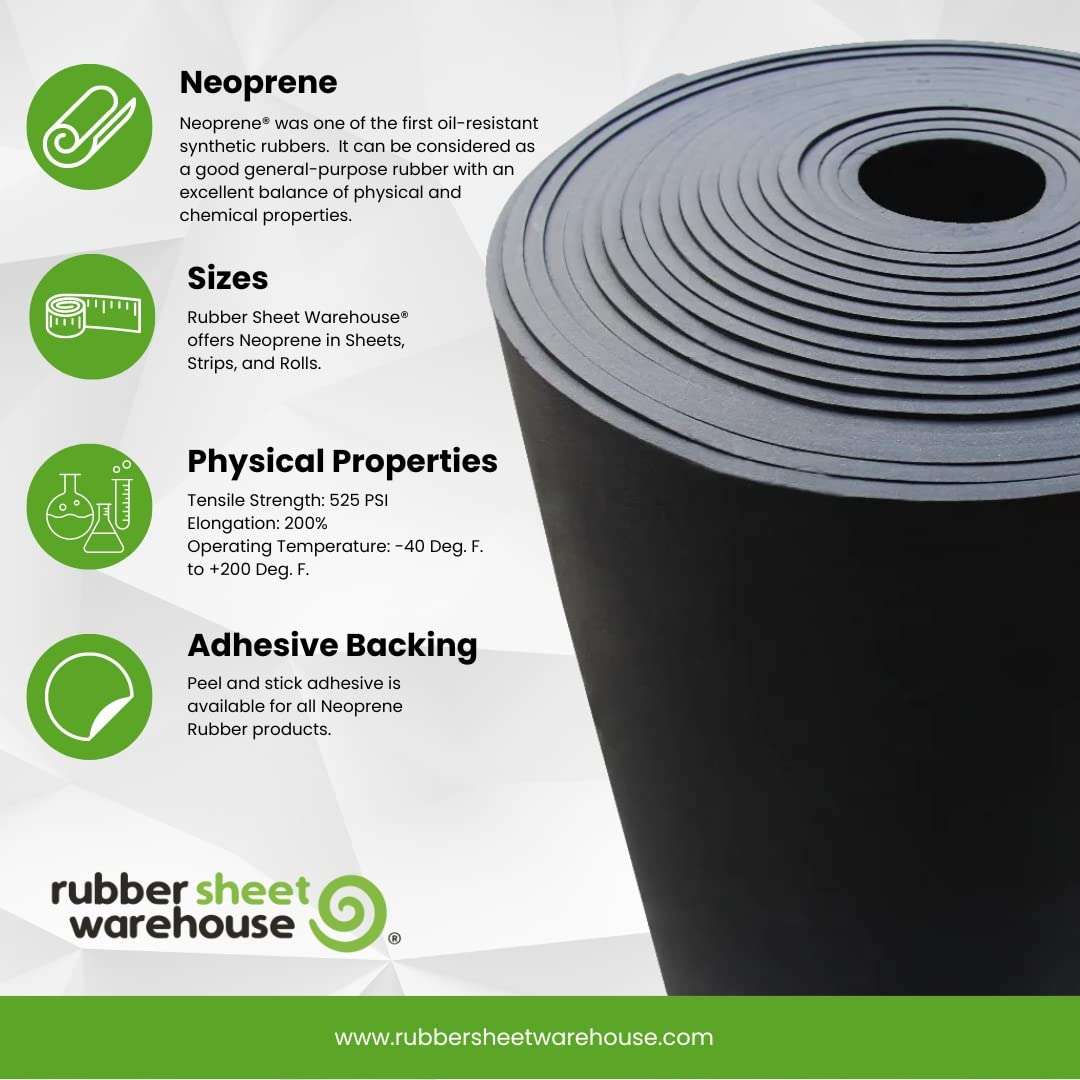 Neoprene Rubber Sheet, Rolls, Strips 1/4" (.250") Thick x 8" Wide x 10' Long Solid Rubber