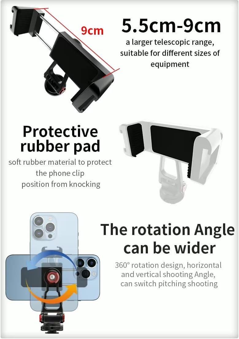 Reflex Camera 1/4"-20 Premium Universal Aluminum Phone Clamp Tripod Mount with Twin Cold Shoe, Screw Mount for Easy