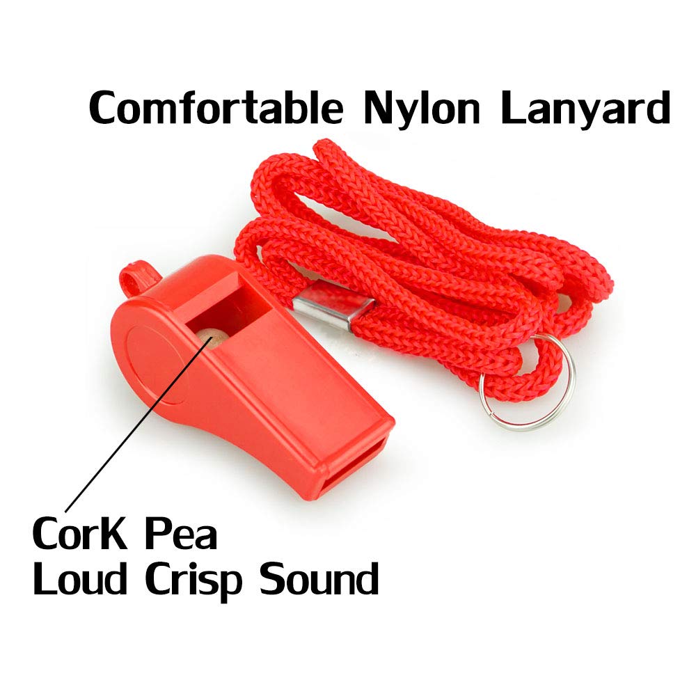 Hipat Red Emergency Whistles with Lanyard, Loud Crisp Sound, 2 Packs Plastic Whistles Ideal for Lifeguard, Self-Defense and Emergency