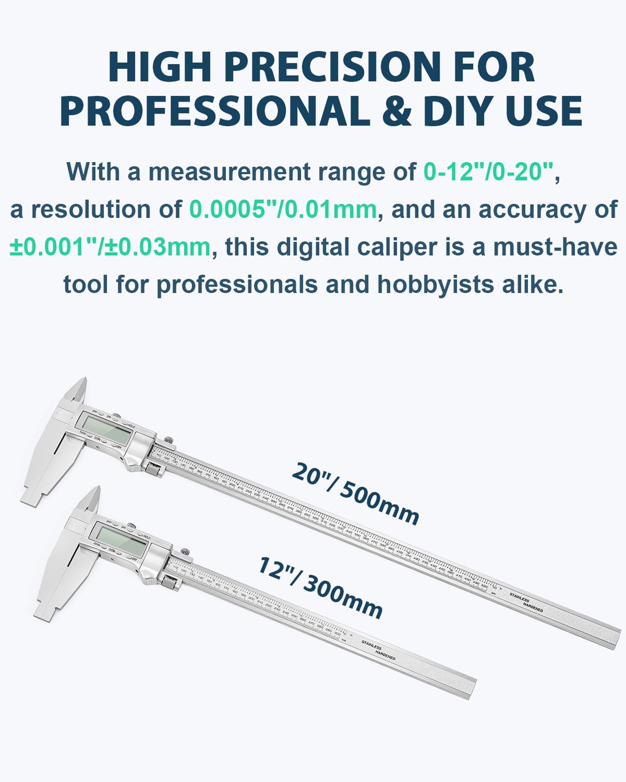 Mxmoonfree 20-Inch Digital Caliper with 4-Inch Jaw Depth, Precision Measuring Tool, Full Metal Frame, Large LCD Screen, Resolution 0.0005"/0.01mm, Ideal for Professionals & Hobbyists