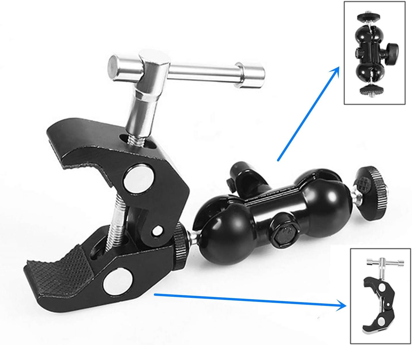 WANBY 1/4" 3/8" Double Ballhead Magic Arm Camera Clamp Mount Monitor Mount Bracket with Super Clamp with and Thread