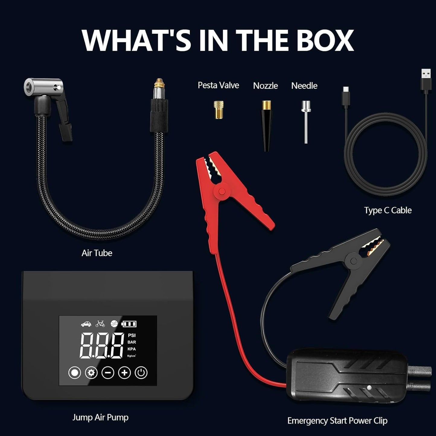 Jump Starter with Air Compressor, 4000A Car Battery Jump Starter(ALL Gas/8.0L Diesel) with 150PSI Tire Inflator 12V Car Battery Jump Power, 15000mAh PowerBank With LED Light, with Type-C Quick Charge.