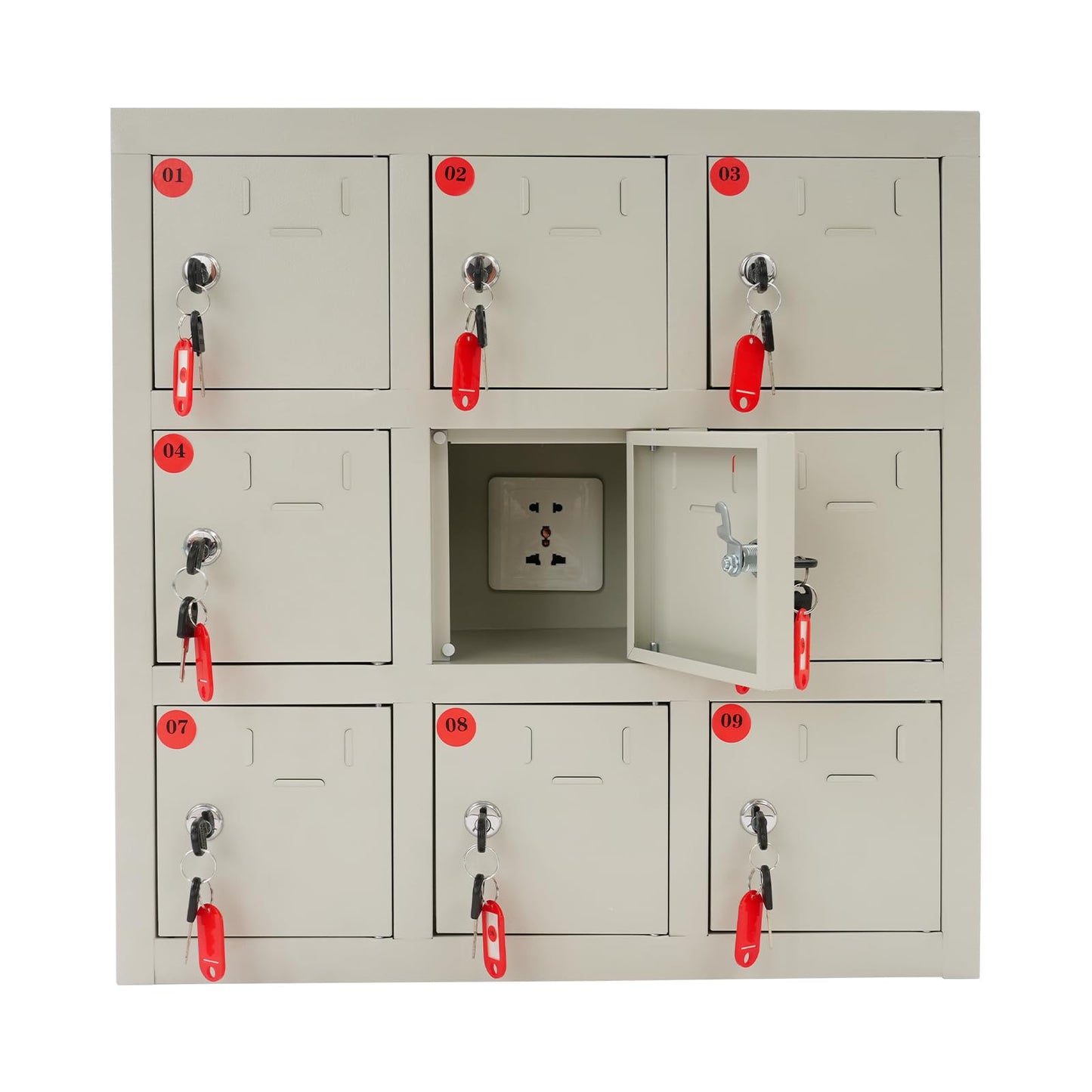 QUEWATSA 9 Slots Cell Phone Locker, Cell Mobile Phone Steel Locker, Cell Phone Locker with Charging Station, Rechargeable Mobile Phone Storage Cabinet with Individual Charging Outlets