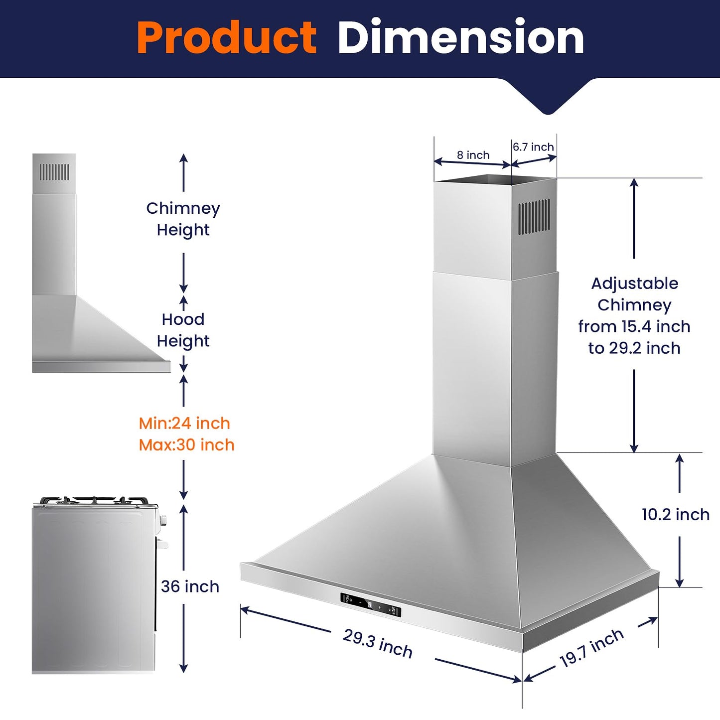 Wall Mount Range Hood 30 inch, 800 CFM Kitchen Hood Stainless Steel Stove Vent Hood with Gesture Sensing & Touch Control, Ducted/Ductless Convertible Duct, 3-Speed Fan, LED Lights, Baffle Filters