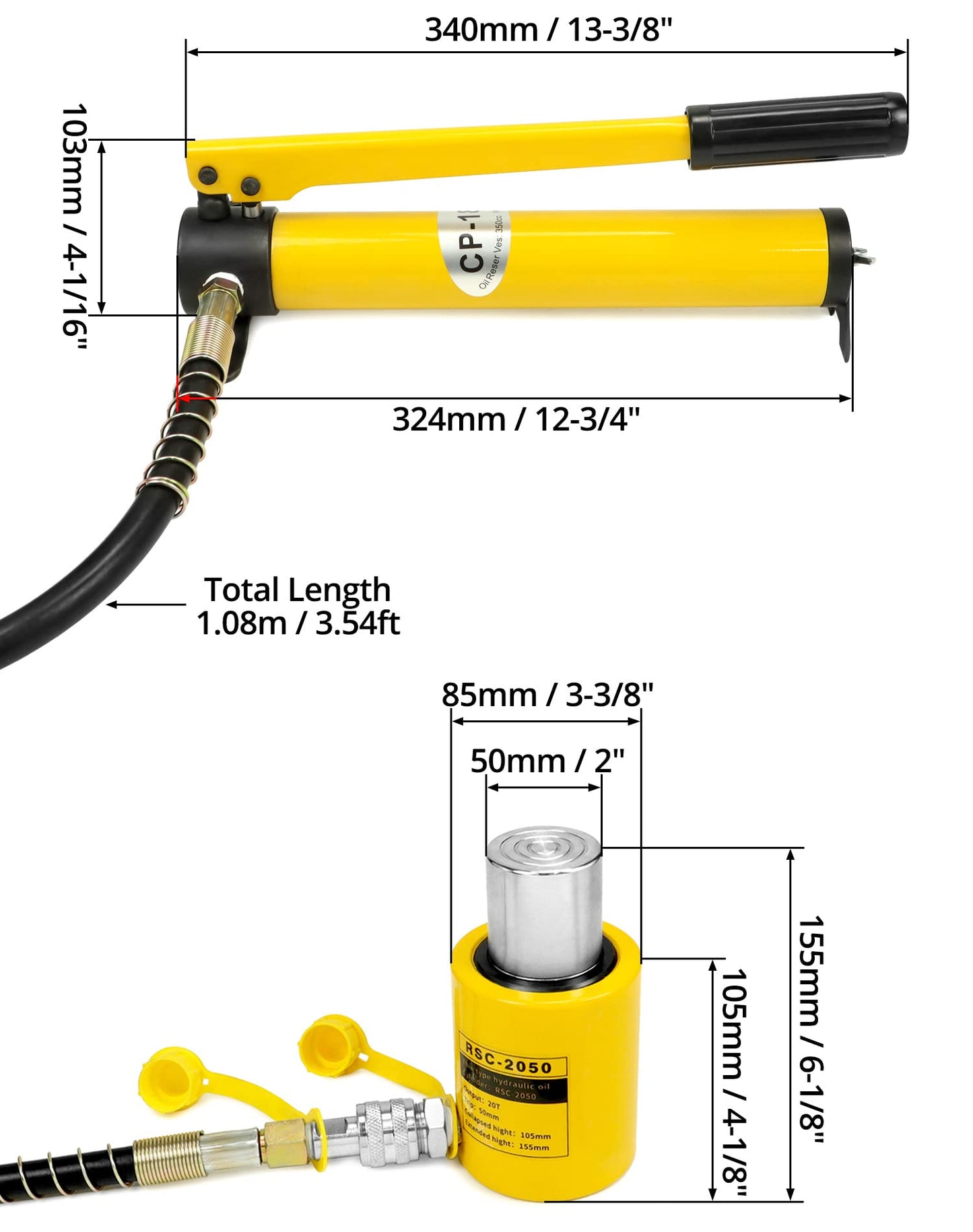 QWORK 20T Mini Hydraulic Cylinder Jack Porta Power Ram 2" Stroke, CP-180 Manual Hydraulic Hand Pump, Single Acting Lifting Cylinders for Machinery Shipbuilding