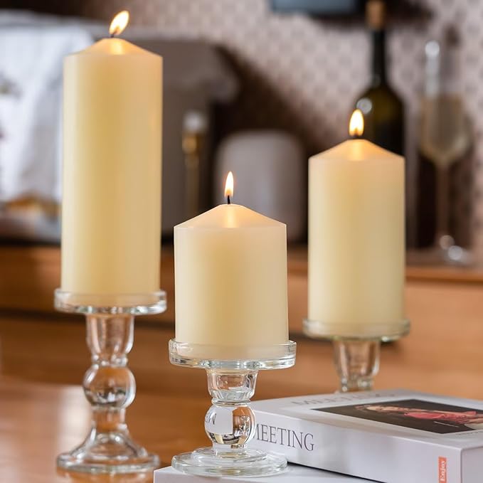 MOZEAL 3" x 4" Hand-Poured Unscented Ivory Pillar Candles,Dripless Candles Set of 3,Smokeless,Clean Burning,Approx 60 Hours Burn Time,Wedding,Dinner,Christmas and Home Decor（3 Inch Width Series）
