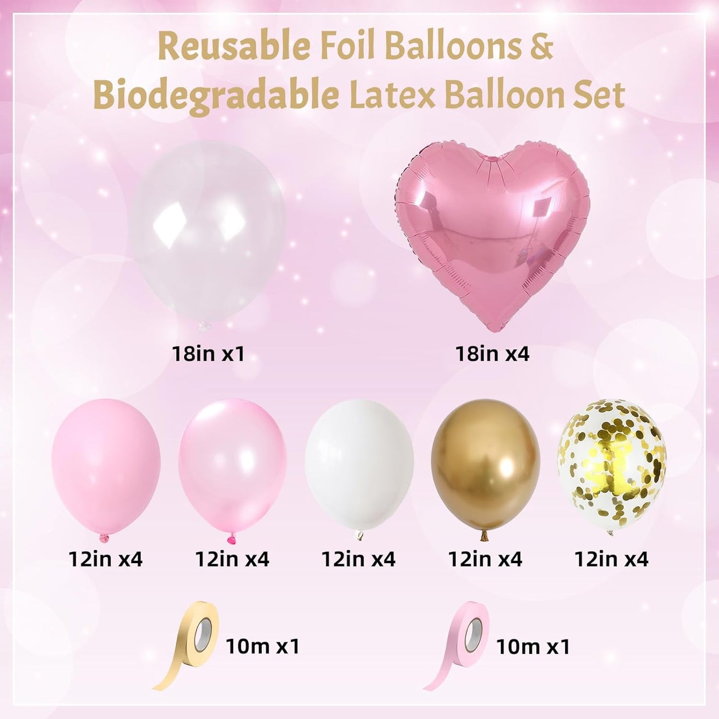 Skiennix Heart Shape Balloons - Light Pink & Gold Metallic Confetti | 18" Clear Mylar for Birthday Decor