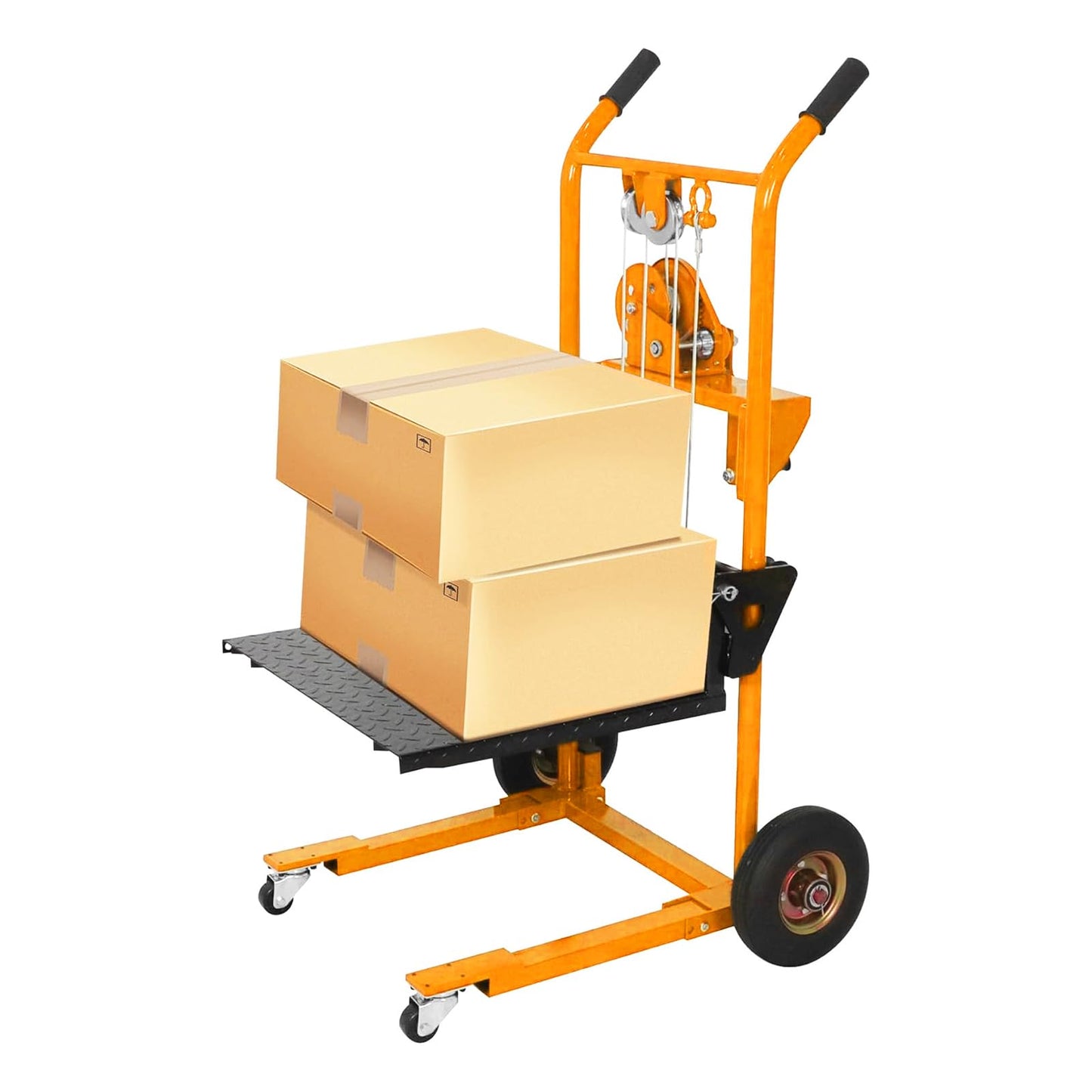 Material Lift Winch Stacker, 440 lbs Capacity Table Cart, 35.4" Lifting Height Manual Forklift Stacker, Pallet Jack Truck Dolly with Swivel Casters and Lift Plate (Yellow)