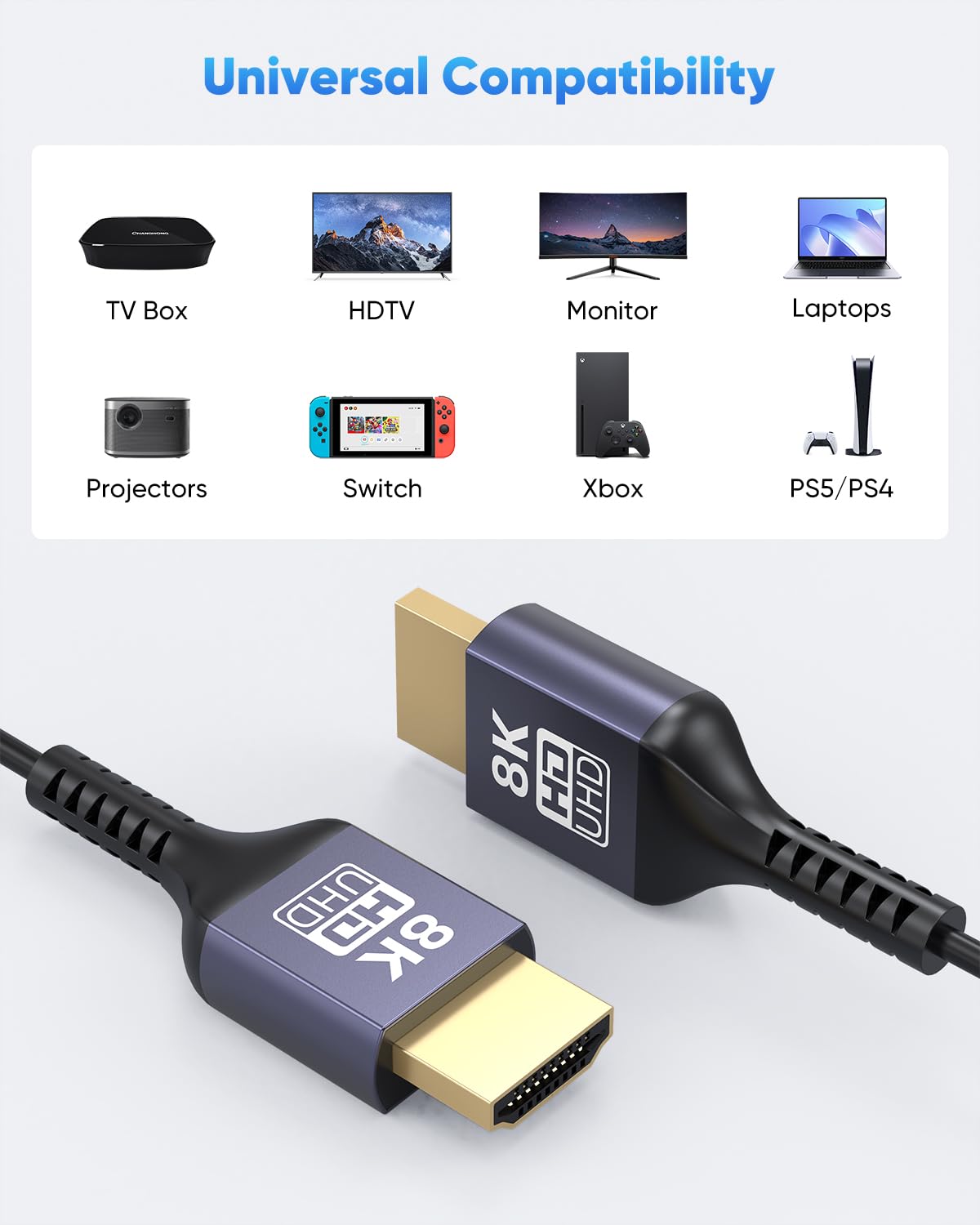 2FT 8K, 2.1 2 48Gbps 8K@60Hz, 4K@60Hz, 2K, 1080P, Ultra Thin HDMI Cable Short HDMI Cable Foot Flexible Slim HDMI Cord