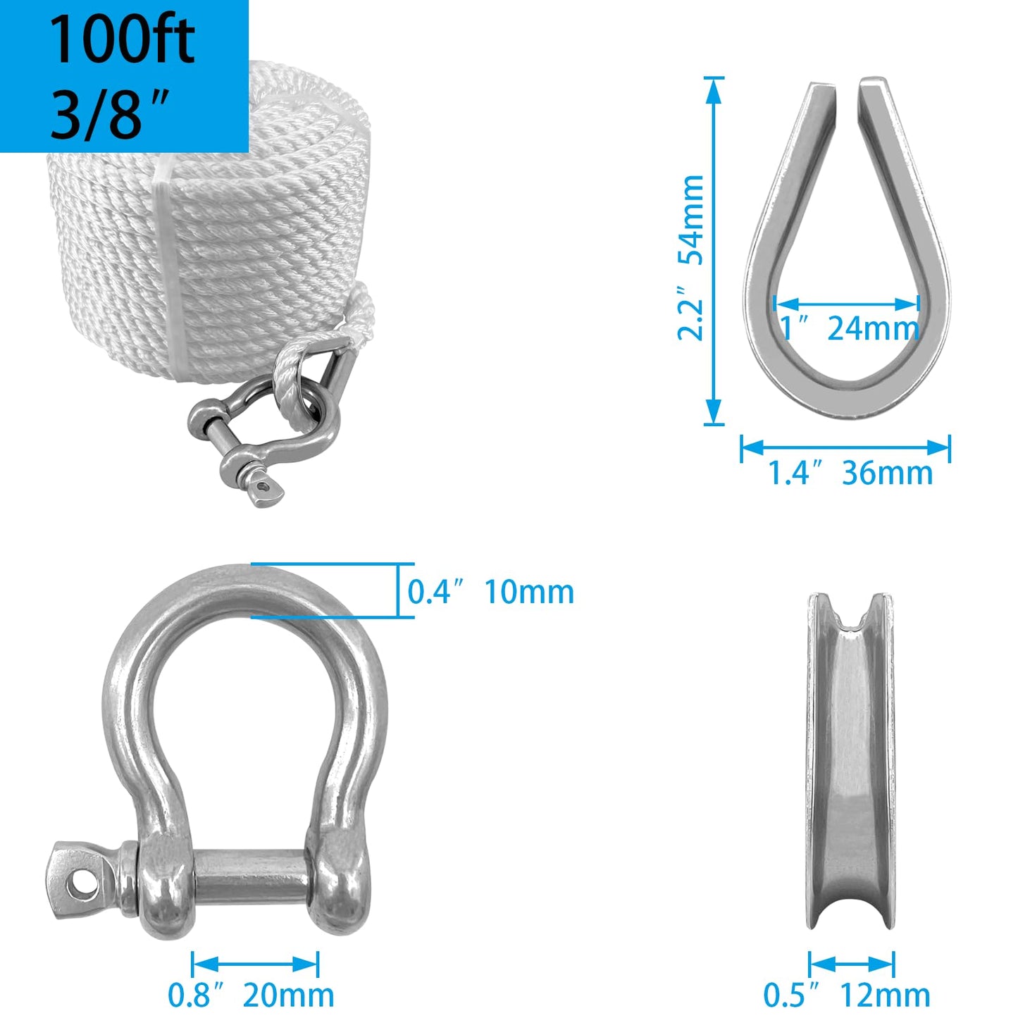 ISURE MARINE Solid Braid Nylon Anchor Rope (3/8" x 100') Anchor Line Boat Anchor Rope with Stainless Steel Thimble & Shackle
