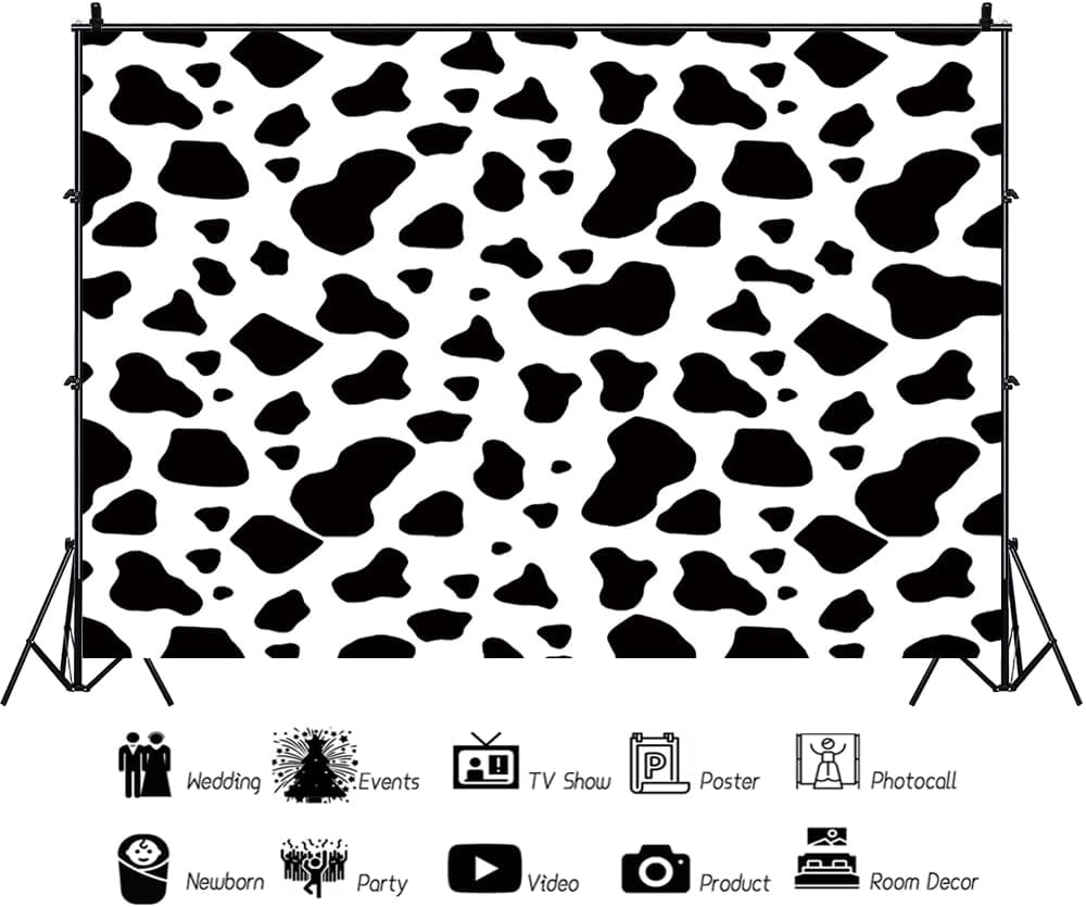 AOFOTO 10x6.5ft Cow Party Backdrop Black and White Dairy Cattle Holy Cow Print Farm Animals Theme Happy Birthday