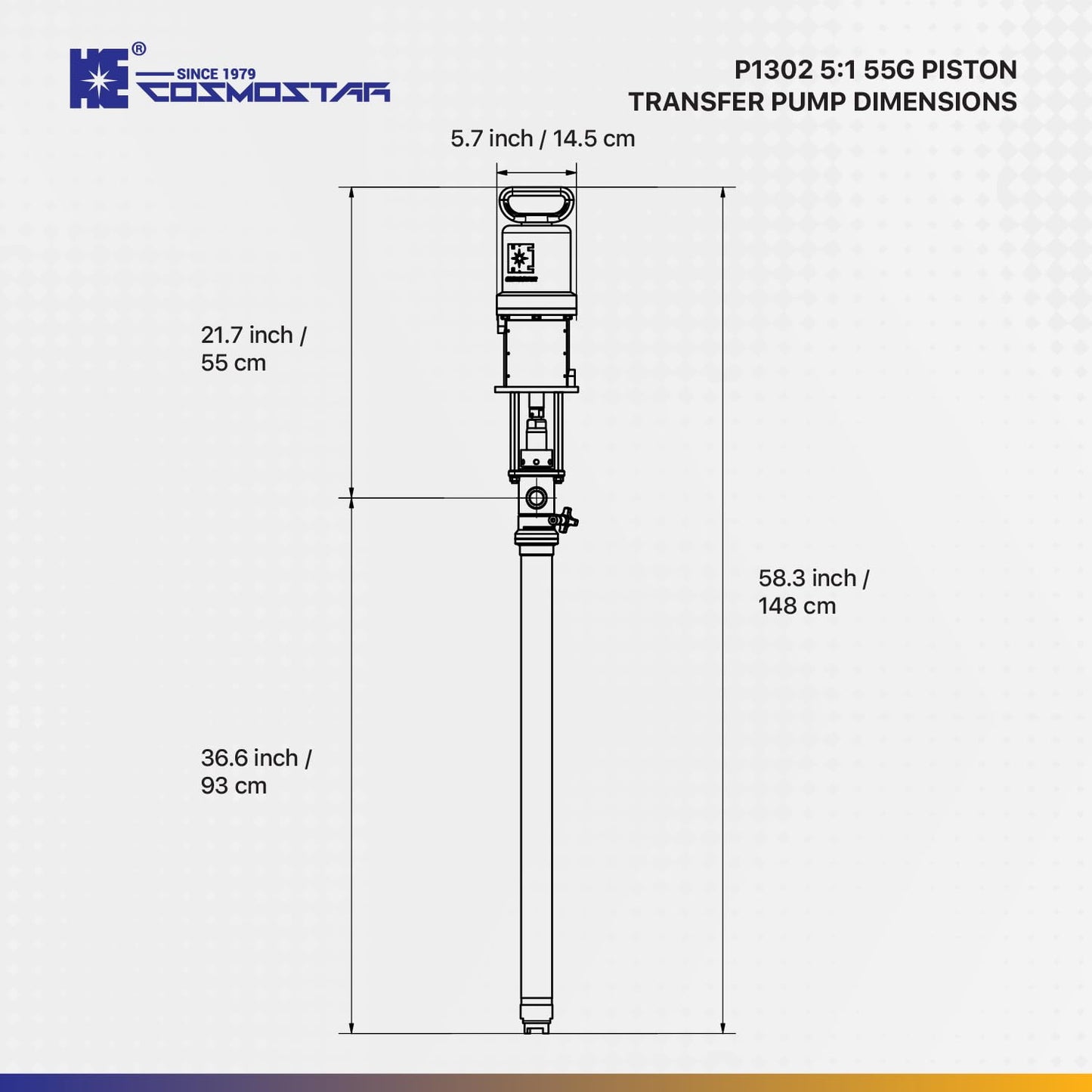 COSMOSTAR P1302 5:1 55 Gallon Air Operated Pneumatic Piston Pump, Stainless Steel Type, Drum Length, Teflon Packing, Oil Chemical Transfer Pumps, 2.2 GPM/ 8.55 LPM, Max. Fluid Pressure 580 PSI