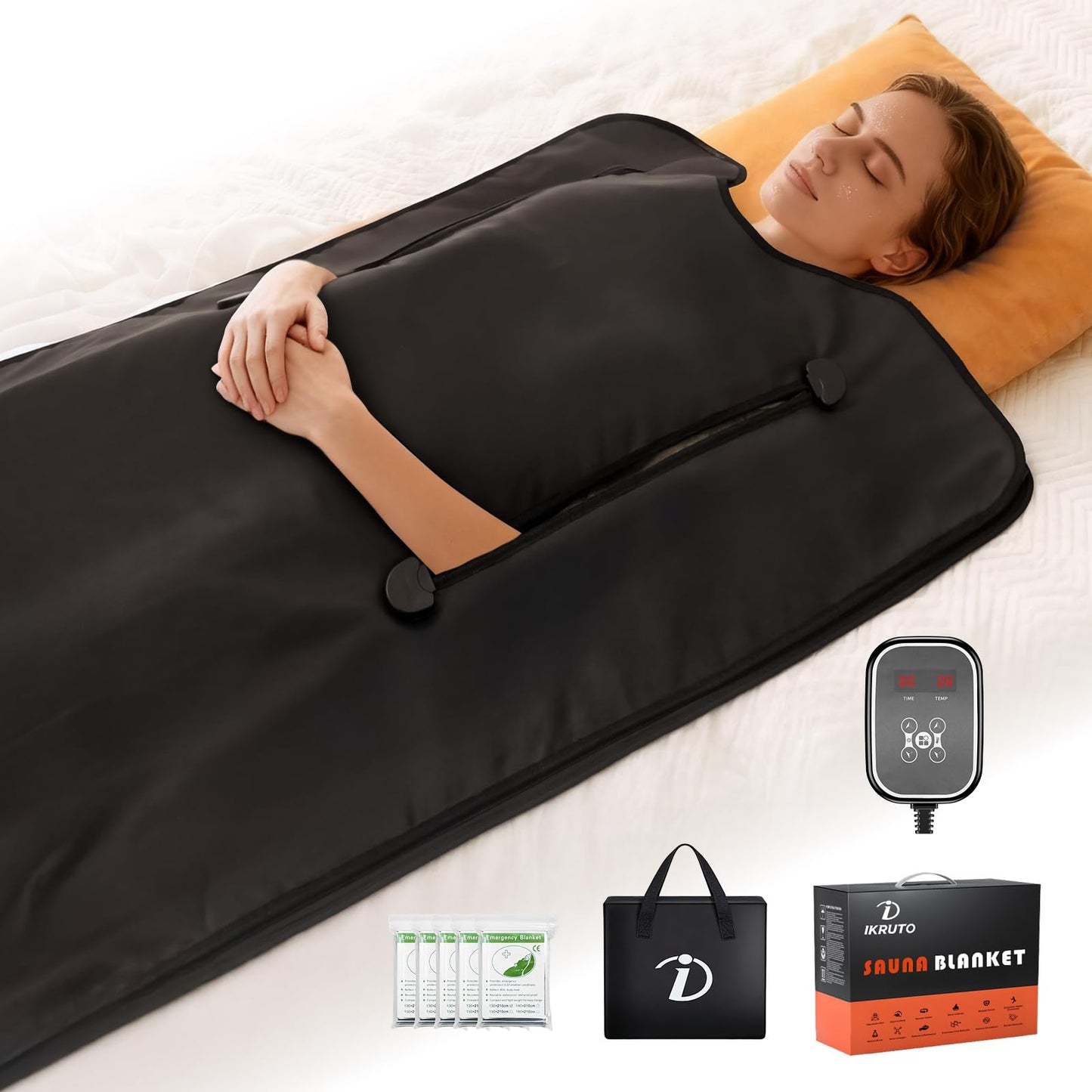 IKRUTO Infrared Sauna Blanket - PU Sauna Blanket for Detox & Relaxation 86℉-176℉ Adjustable, 60 Min Timer, Body Blanket with 5 pcs Detox Wrap & Portable Carring Bag at Home Sauna
