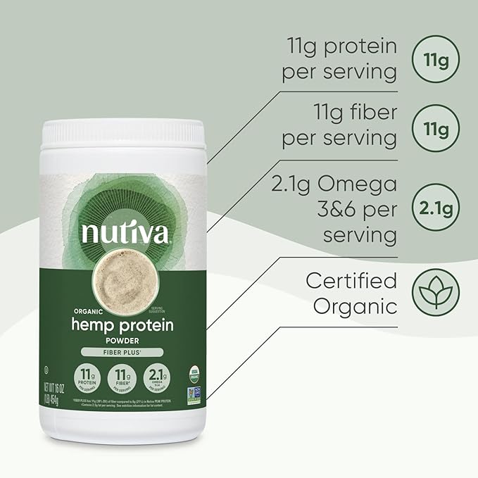 Nutiva USDA Organic Cold-Pressed Hemp Seed Plant Protein Powder, 16 Ounce, Fiber Plus with Essential Amino Acids, Non-GMO, Whole 30 Approved, Vegan & Keto