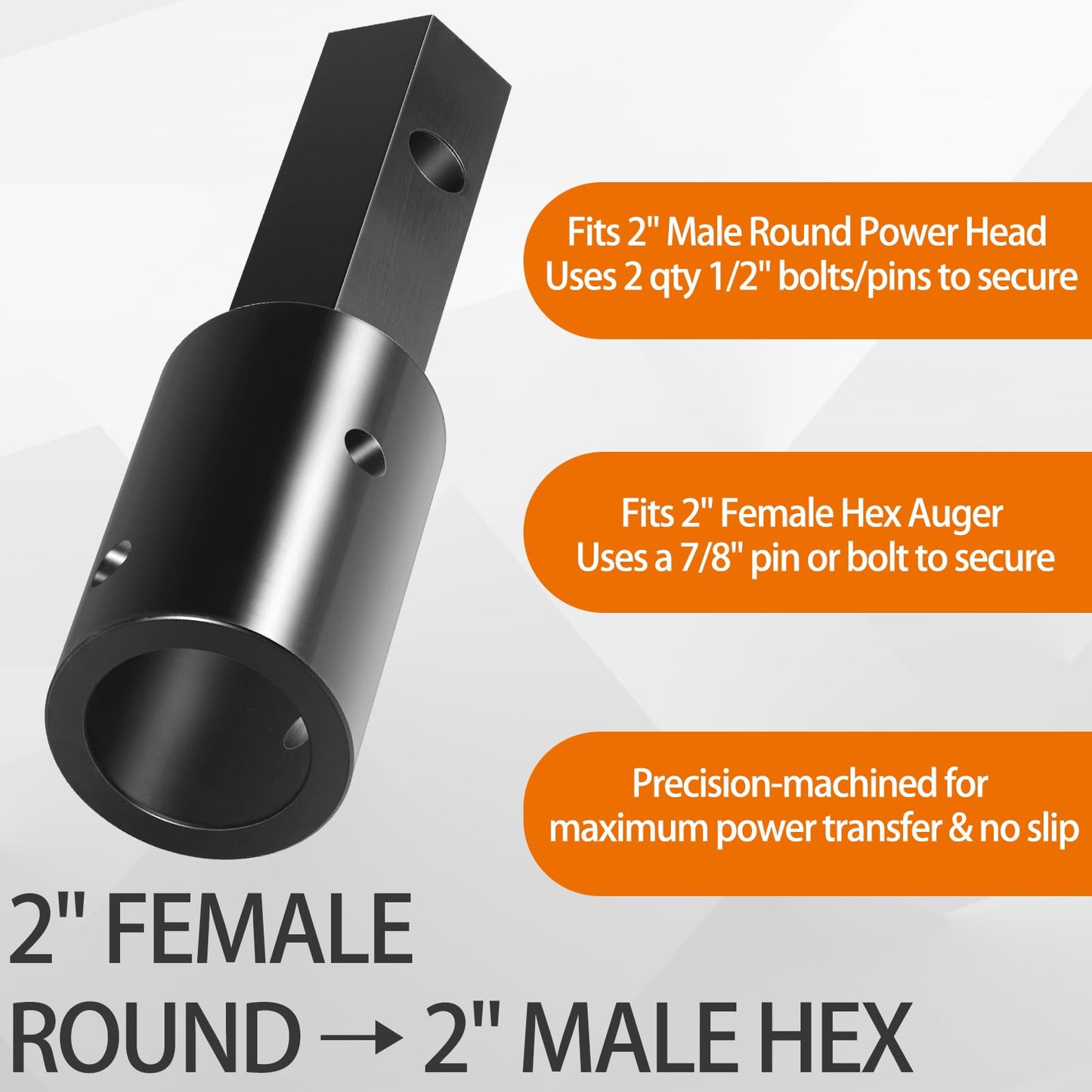Heavy Duty Auger Adapter 2" Female Round to 2" Male Hex Bit Converter for Auger, Post Hole Digger, Mini Skid Steer, Tractor, Skid Steer Loader