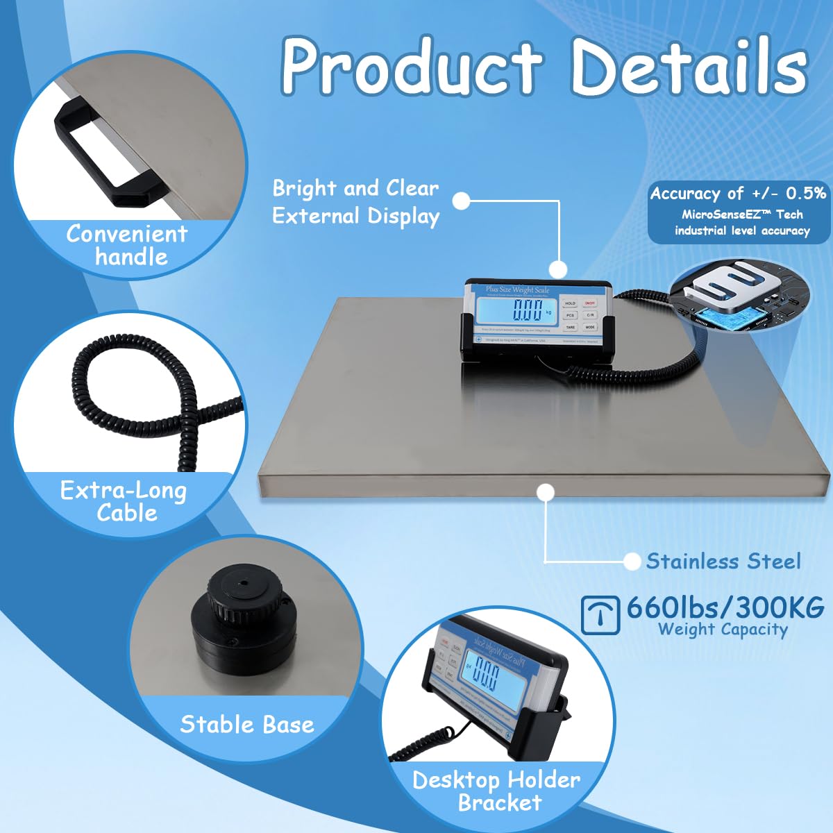 Extra Wide Heavy Duty Scale for Body Weight, 300kg/660 Lb Bariatric Scale w. Wall Mount External Digital Display, for Plus Size Person, Elderly, Doctor Office
