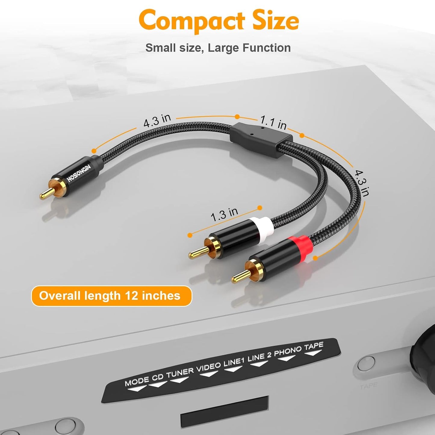 1 2 (2 Pack), 12 Inch, 24K HOSONGIN RCA Y Splitter Cable, Male to Male Audio Cables Gold-Plated, Cotton Braided