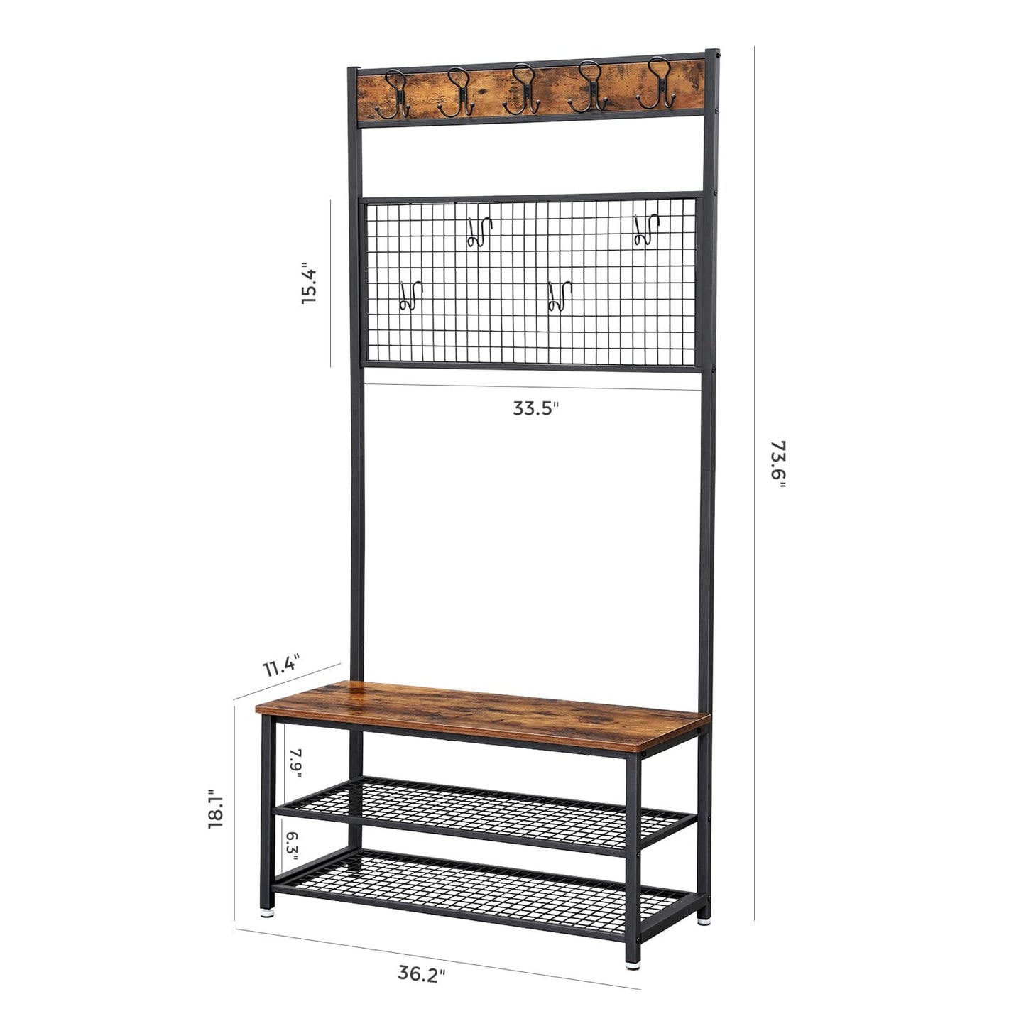 VASAGLE Industrial Coat Rack Stand, Shoe Rack Bench with Grid Memo Board, 9 Hooks and Storage Shelves, Hall Tree with Stable Metal Frame, Rustic Brown UHSR46BX