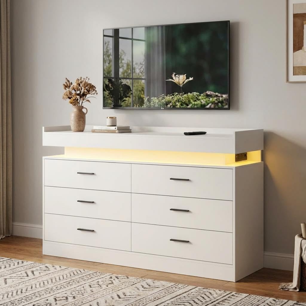 TV Stand Cabinet with LED Lights & Charging Station, Coffee Bar Cabinet Floating Countertop, Modern Sideboard Buffet 6 Drawers for Home, Living Room, White