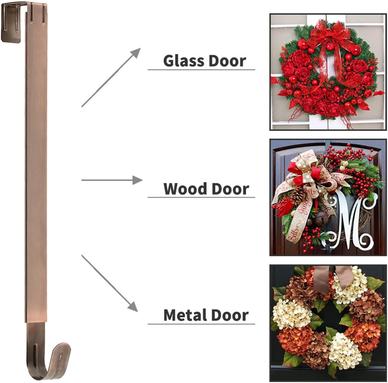 Sattiyrch Adjustable Wreath Hanger - Over The Door Hook 15-25 Inch | Holds Up to 20 lbs in Brushed Copper