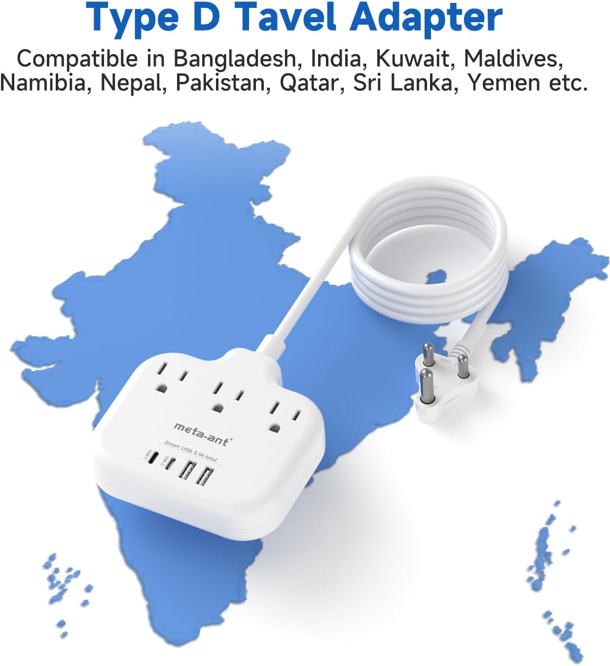 meta-ant 3 4 Ports(2 5FT US to India Plug Adapter, India Power Adapter with American Outlets USB Charger USB C), India