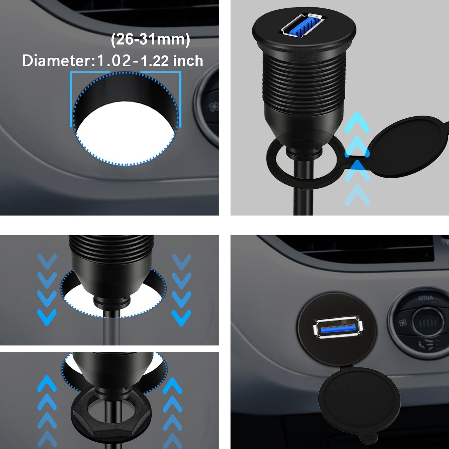 3.0 3ft BATIGE Single Port USB Male to Female AUX Car Mount Flush Cable Waterproof Extension for Car Truck Boat