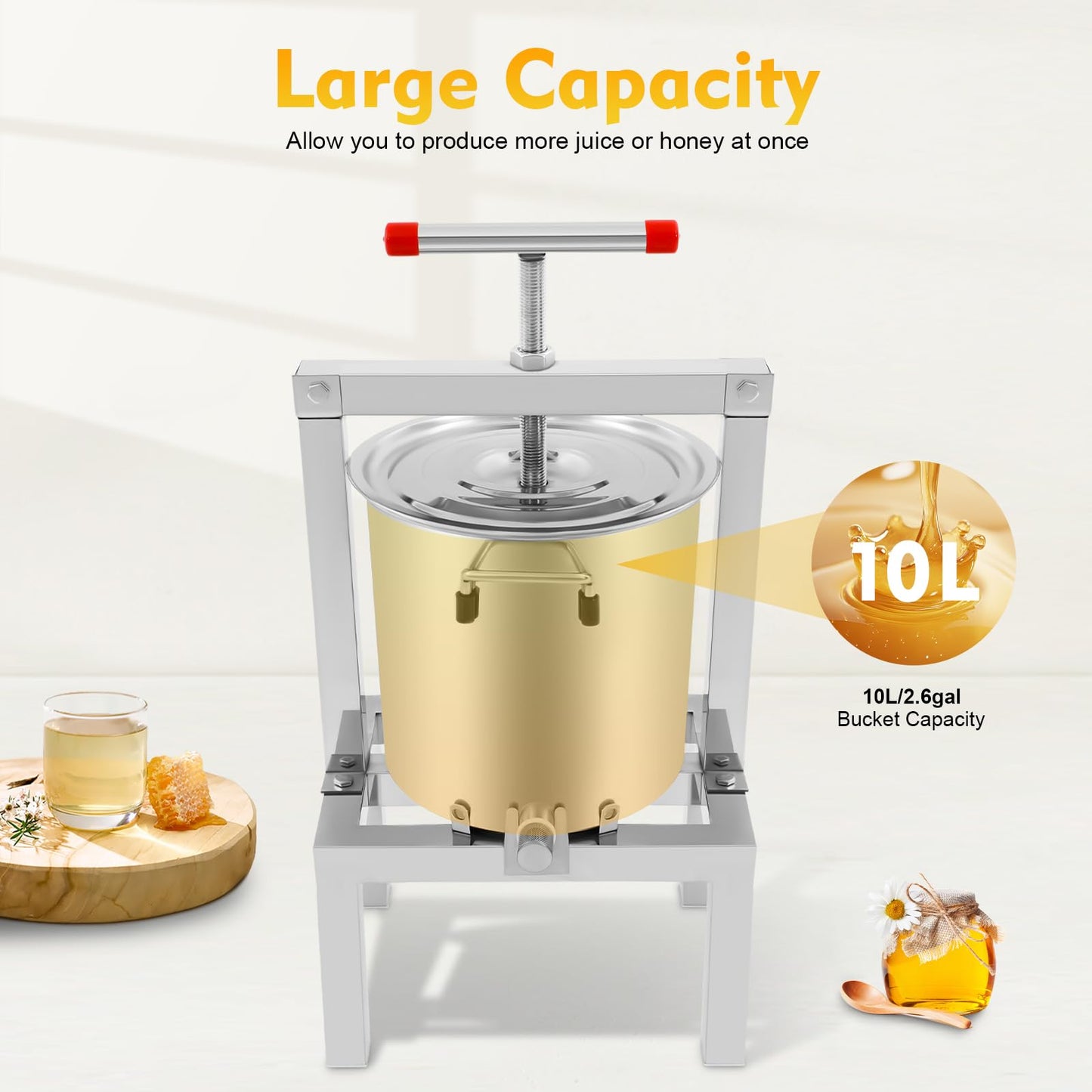 10L/2.6Gal Fruit Wine Press, DIY Large Manual Juice Press Maker Beeswax Extractor with T-Handle, Stainless Steel Cider, Grape, Apple Press Machine for Wine and Juice Making