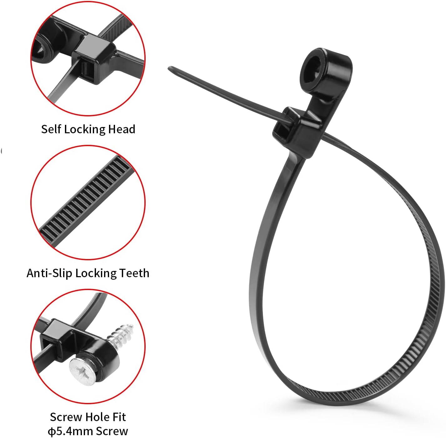 MasiStranth 200 12 inch 75lbs PCS Black Zip Ties with Screw Hole Mountable head Cable Ties Straps Multipurpose Heavy