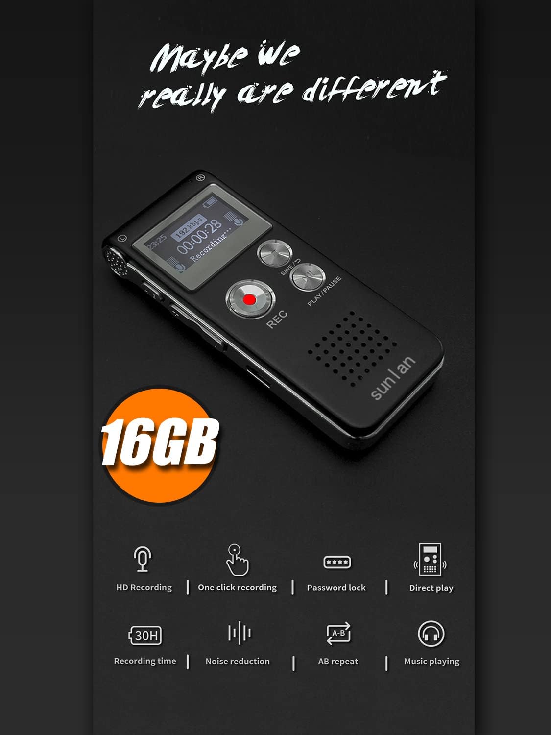 Sunlan 16GB Digital Voice Recorder Voice Recorder with Playback for Lectures - USB Rechargeable Dictaphone Upgraded