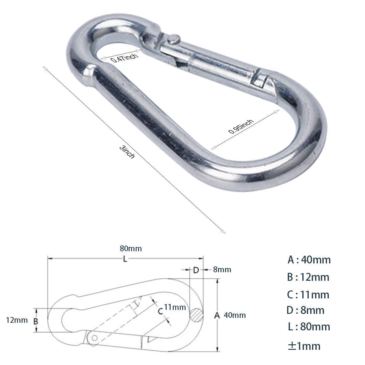 Carabiner 3 Inch Spring Snap Hook Heavy Duty Steel Carabiner Clip 12pcs 8x80mm for Hammock Swing Fitness Camping Hiking