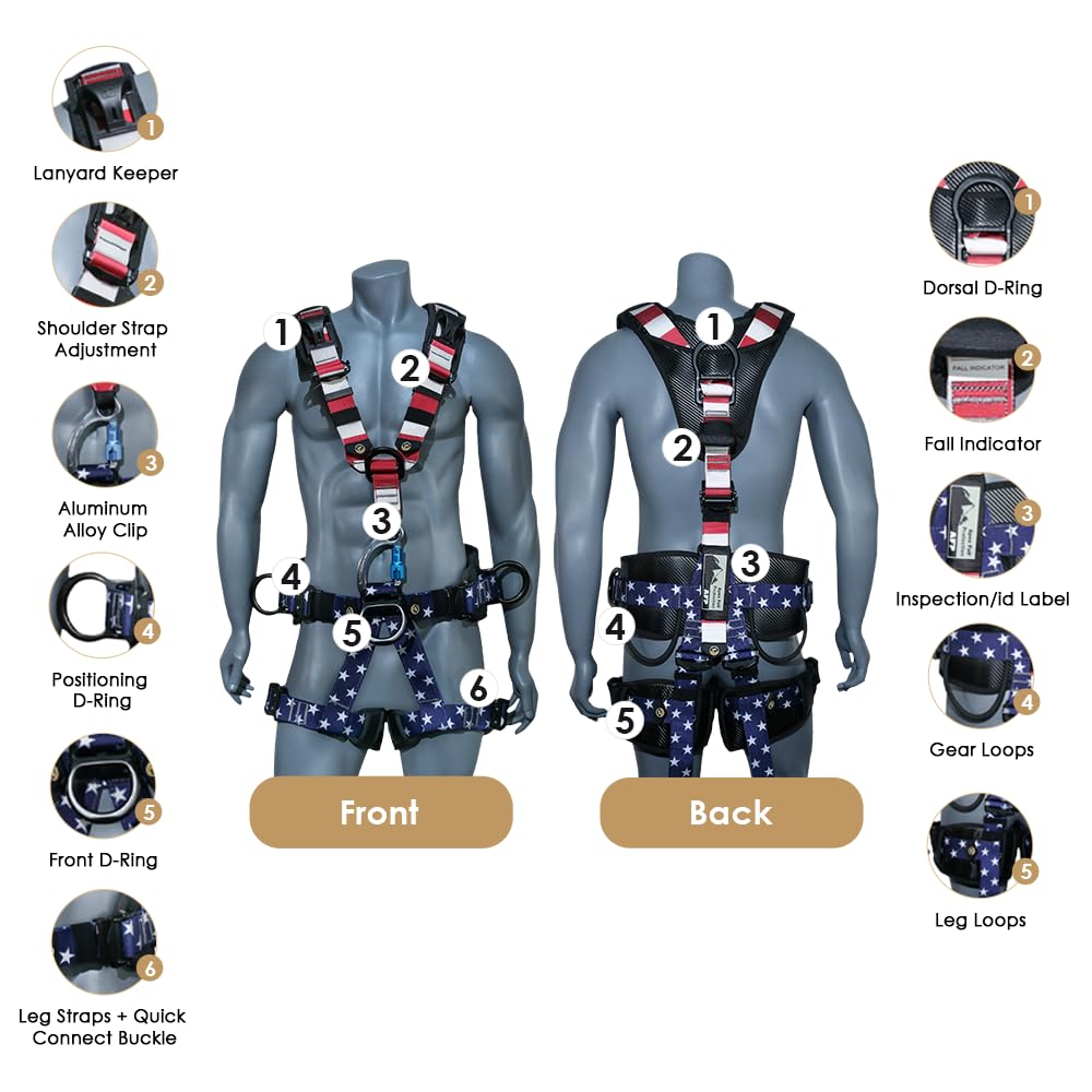 AFP Fall Protection Premium Full Body Safety Harness | Padded Shoulder, Legs and Back | Thick Back Support Belt | Aluminum Quick Release Connect Buckles | OSHA/ANSI Rated PPE