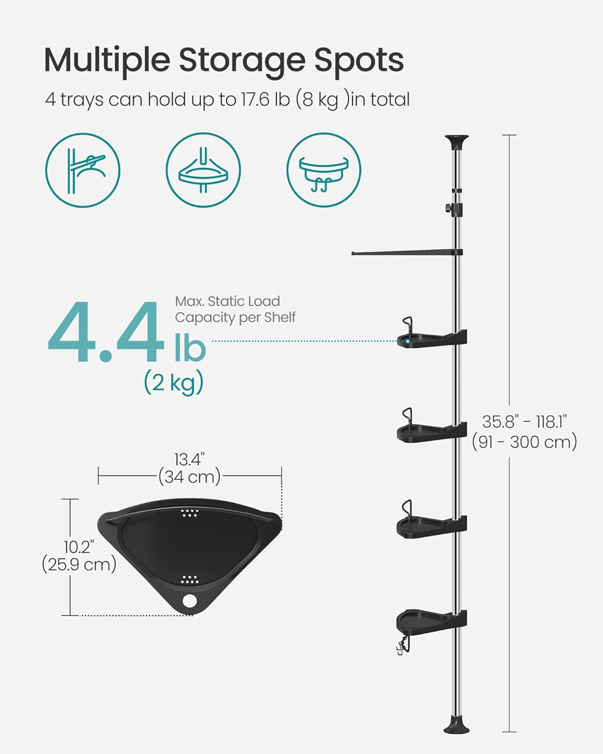 SONGMICS Corner Shower Caddy - 4-Tier Rust-Resistant Organizer | Height Adjustable, Drill-Free, Ink Black, 35.8 to 118.1 Inches