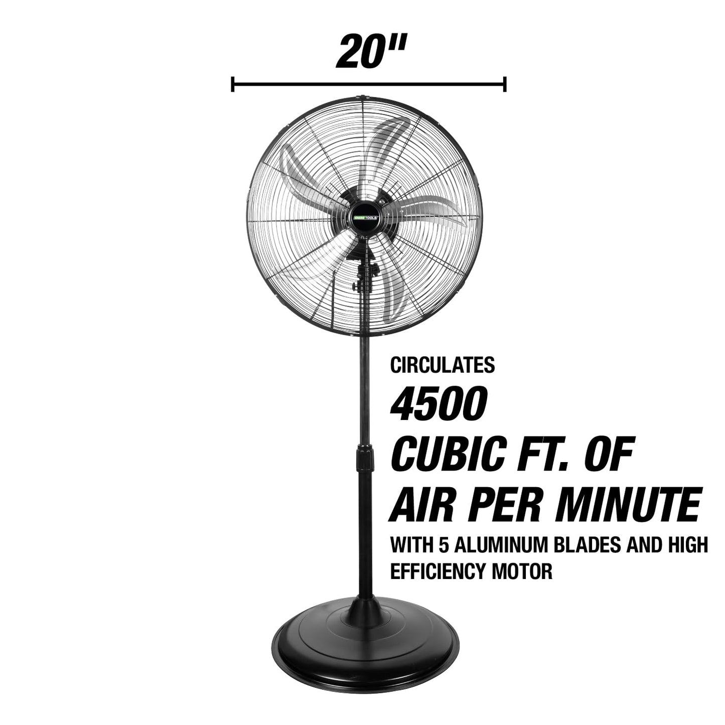 OEMTOOLS OEM24871 20" Oscillating Pedestal Fan, Adjustable Height for Garage, Shop, Gym, Warehouse 4500 CFM Airflow, 3-Speed Enclosed Motor, 5 Aluminum Blades, Dust-Resistant Industrial Purpose