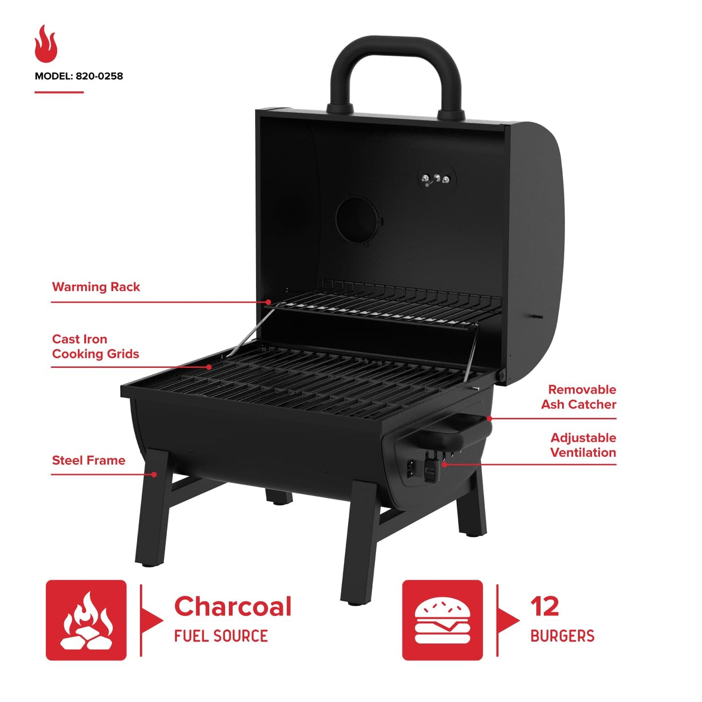 Nexgrill 17.5" Portable Charcoal Grill with Adjustable Chimney Vent, 349 SQ. In Cooking Area, Table Top Grill for Camping, Outdoor Cooking, Patios, and More – 820-0258
