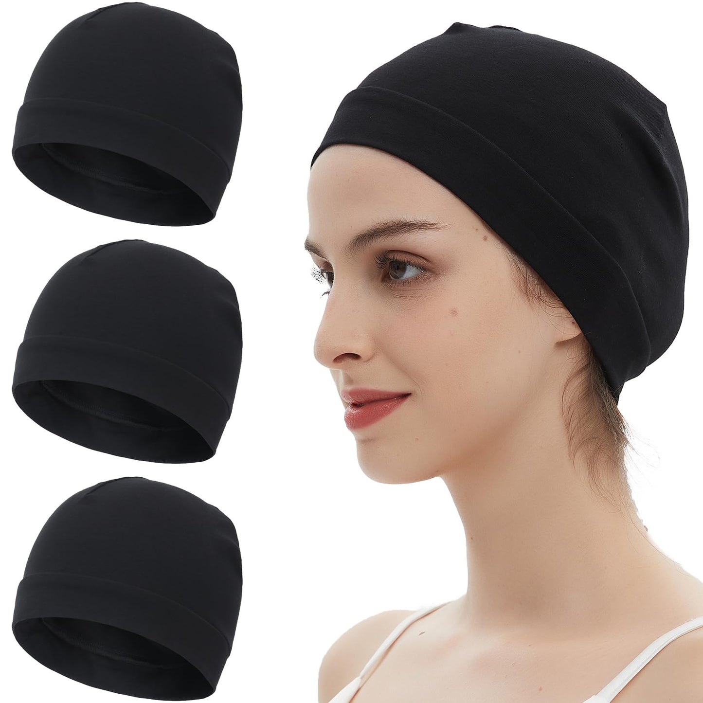 3 Pieces 100% Cotton Skull Caps Beanie for Men Women Lightweigt Night Cap Sleep Hats Breathable Helmet Liner