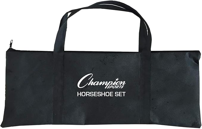 Champion Sports Horseshoe Set: Traditional Outdoor Lawn Game includes Four Professional Solid Steel Horseshoes with Solid Steel Stakes & Carrying Storage Case