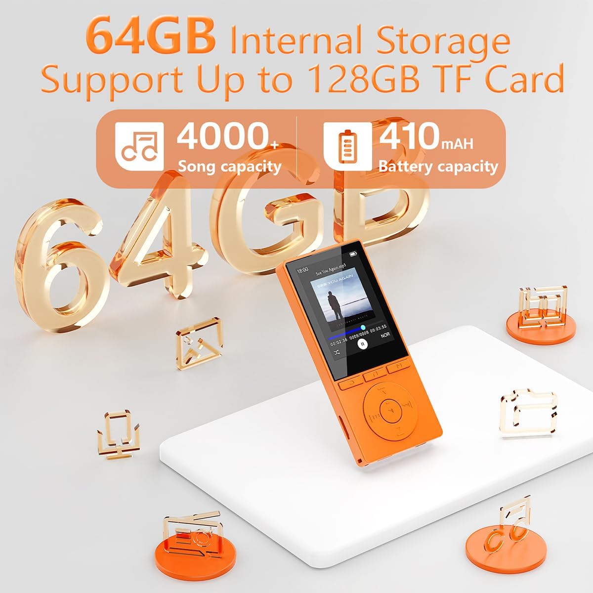 Aiandcc 64GB MP3 5.3, 2.4", MP3 128GB, Player with Bluetooth Color Screen Music Player with HiFi Sound, Players Built
