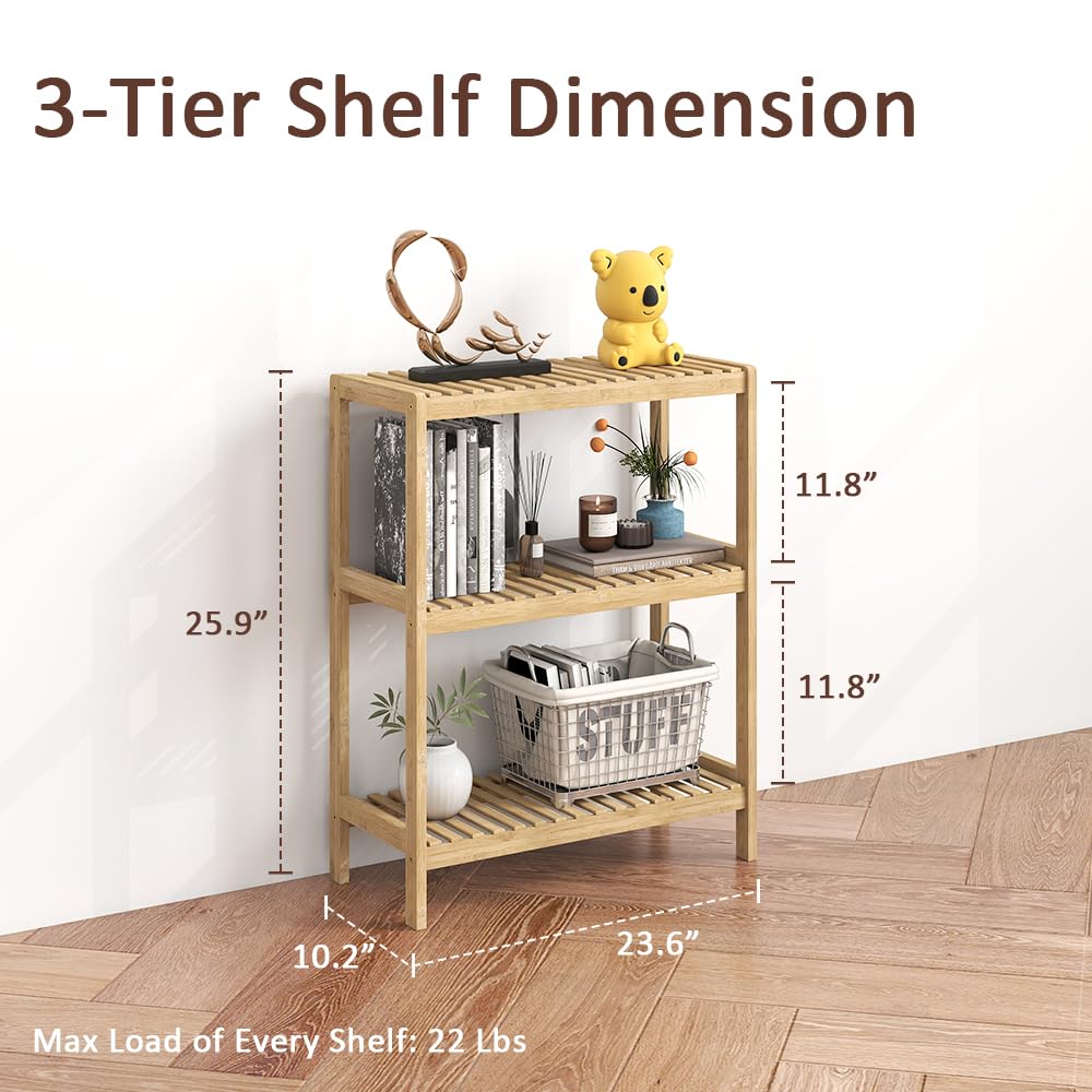 HLXZN 3-Tier Bamboo Freestanding Shelf Unit, Multifunctional Small Bookshelf Bookcase for Bathroom, Kitchen, Living Room, Office
